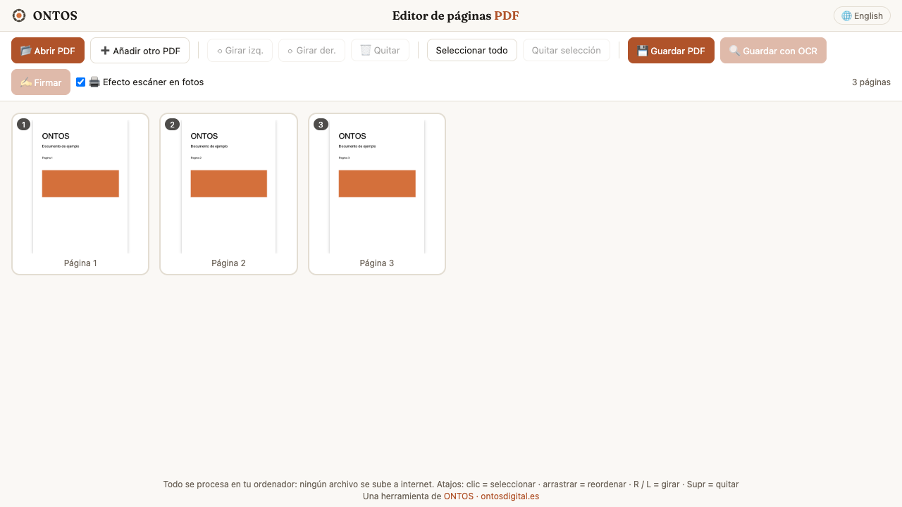 Editor PDF con un documento de ejemplo de tres páginas