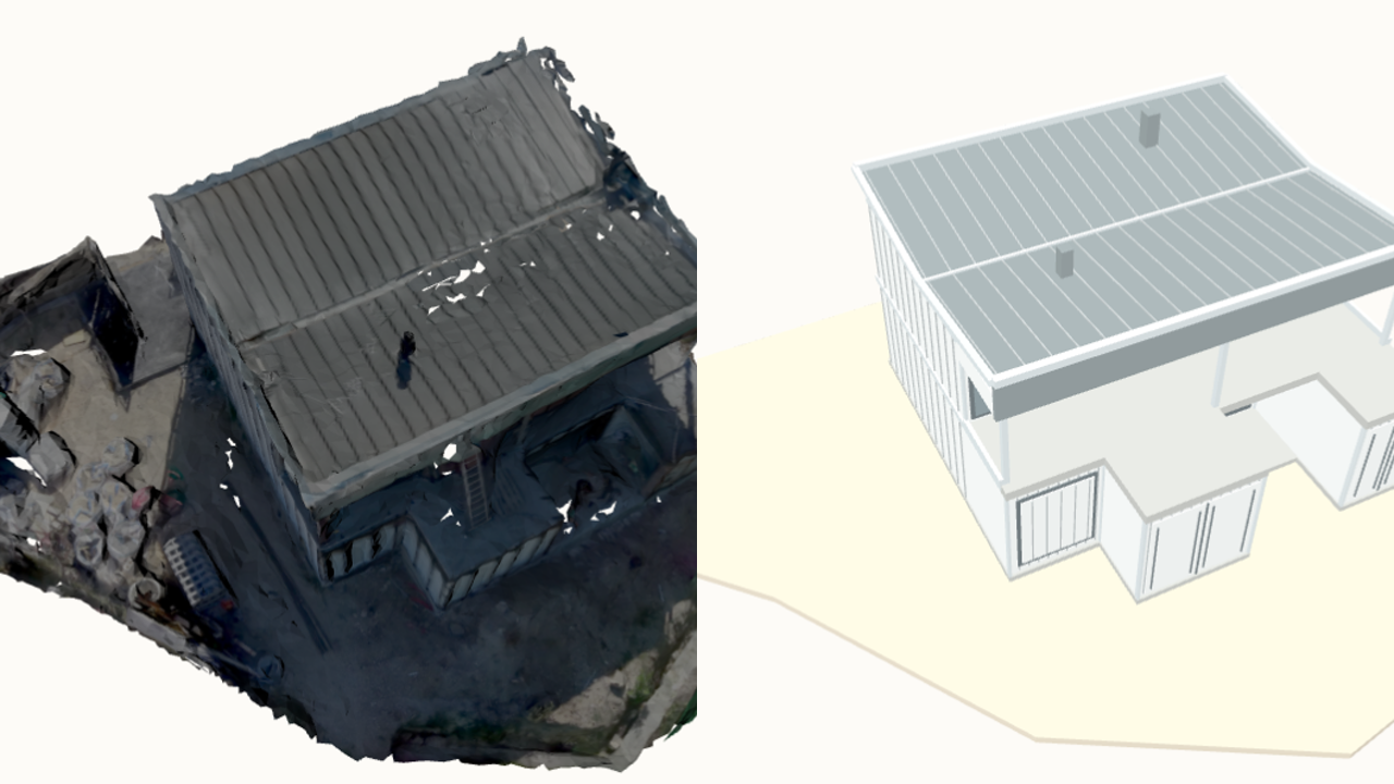 La misma casa en dos versiones: escaneado con textura y geometría simple